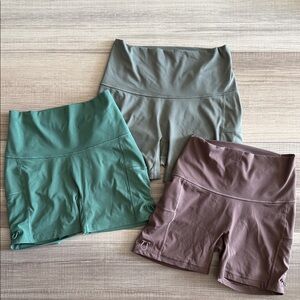 Gymshark High Waist Shorts Set in Green, Brown, and Olive